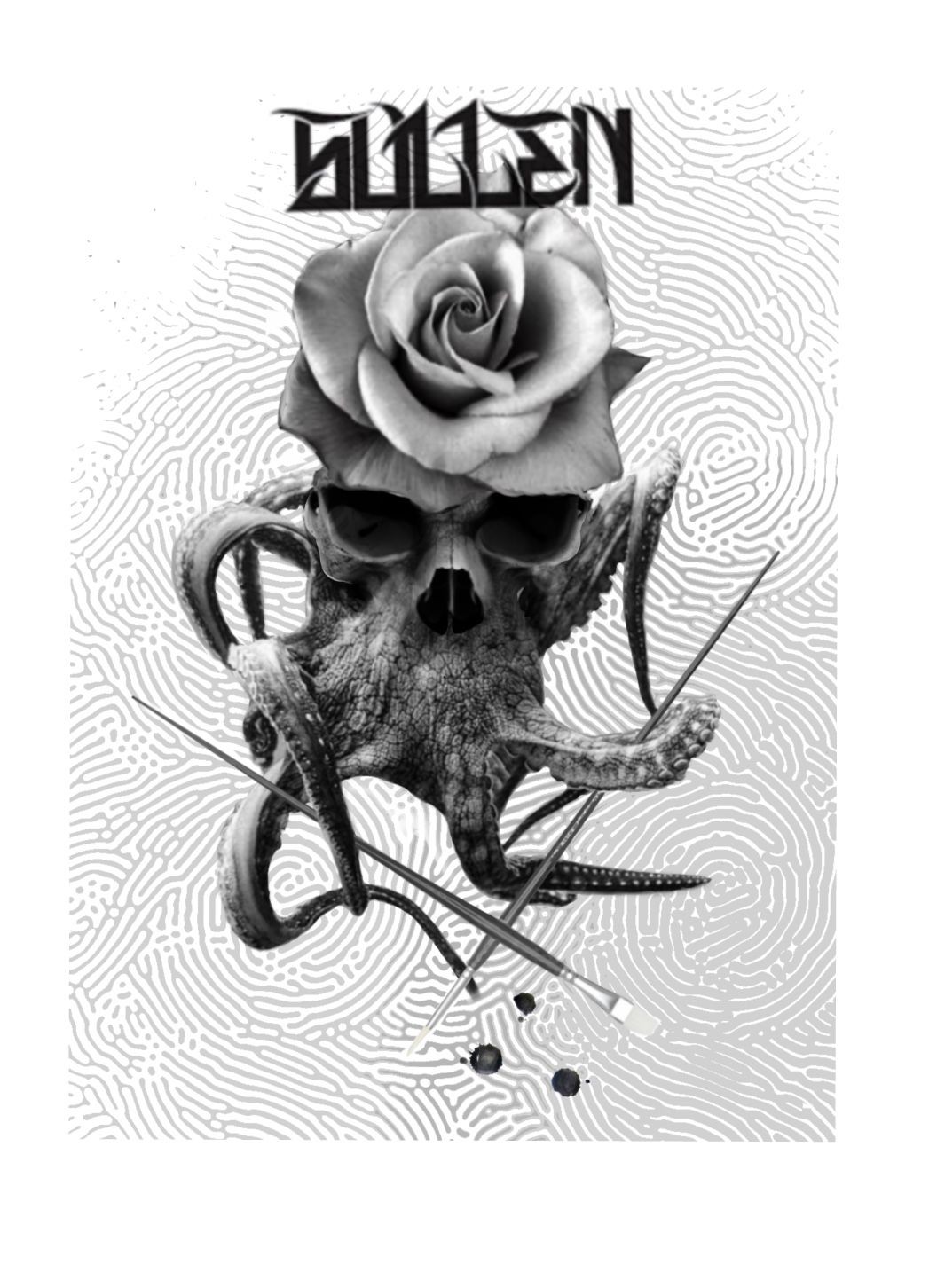 Rose skull he’d with octopus arms as mandible of skull holding paintbrushes. Sullen badge